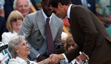 Birgitte, Duchess of Gloucester Meets Roger Federer at Wimbledon