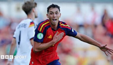 Hugo Lopez celebrates after scoring for Spain