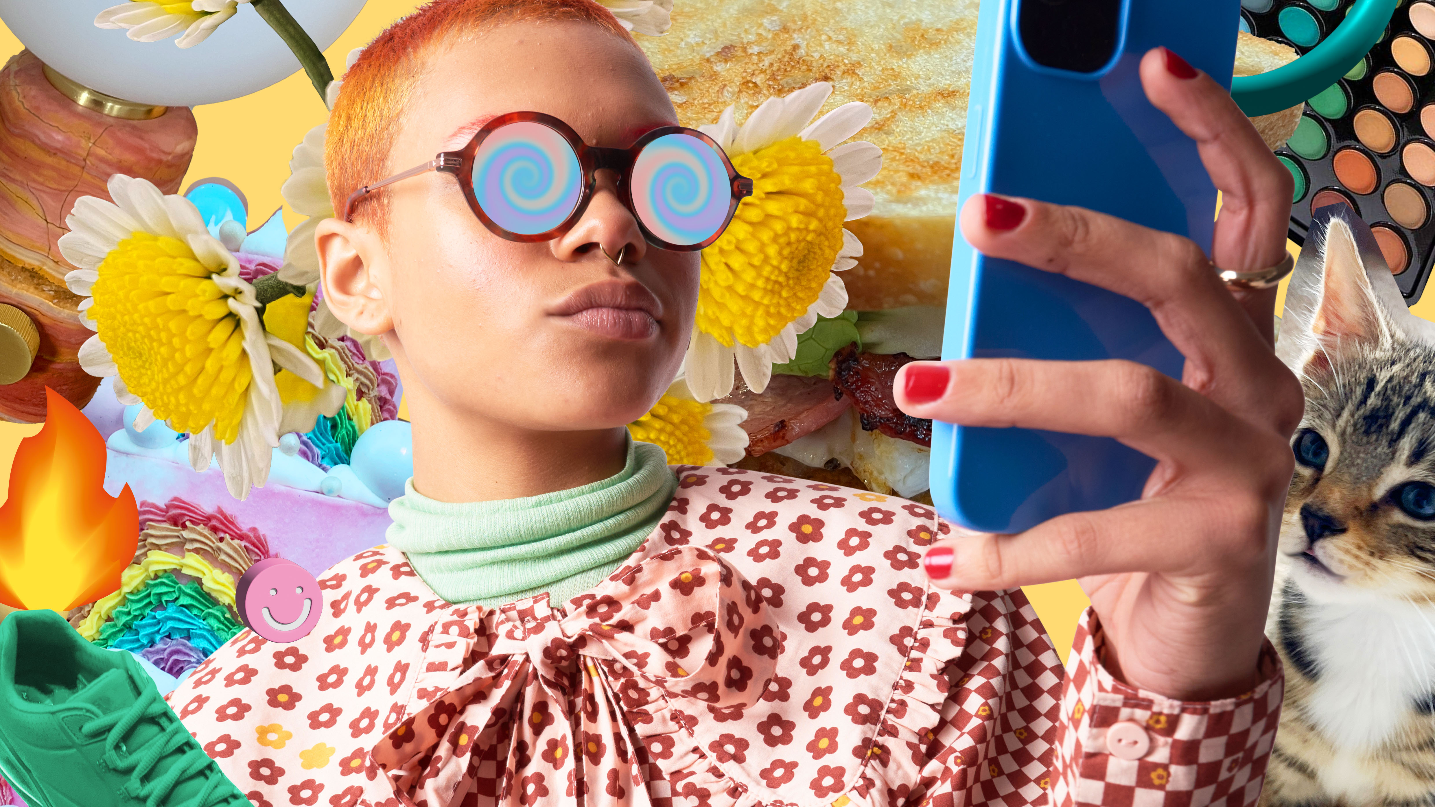 Person using cell phone trapped in a scroll hole surrounded by collage of social media obsessions.