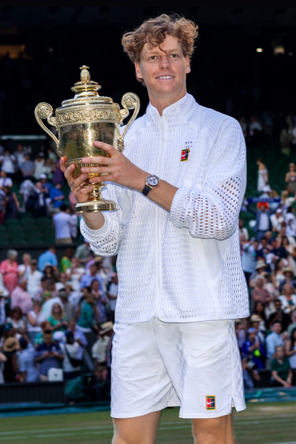 london, england july 12: jannik sinner of italy with the winner's trophy after his victory against alexander zverev of germany in the gentlemen's singles final on centre court at the all england lawn tennis and croquet club during the wimbledon lawn tennis championships on july 12th, 2026, in london, england. (photo by tim clayton/getty images) london, england july 12: jannik sinner of italy with the winner's trophy after his victory against alexander zverev of germany in the gentlemen's singles final on centre court at the all england lawn tennis and croquet club during the wimbledon lawn tennis championships on july 12th, 2026, in london, england. (photo by tim clayton/getty images)