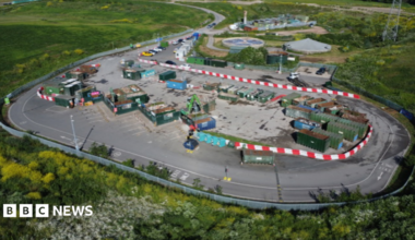 Aerial view of Hempsted Household Recycling Centre, which is arranged in an oval shape with the containers in the middle.