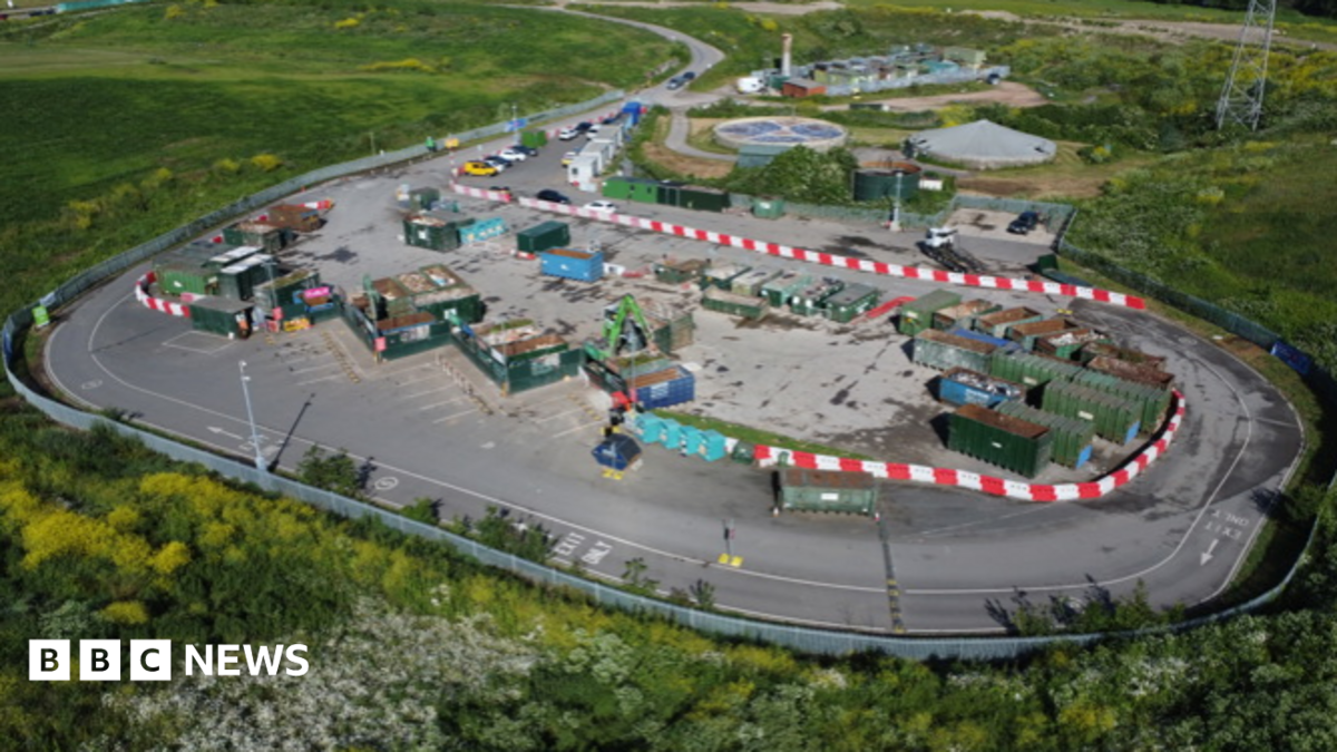 Aerial view of Hempsted Household Recycling Centre, which is arranged in an oval shape with the containers in the middle.