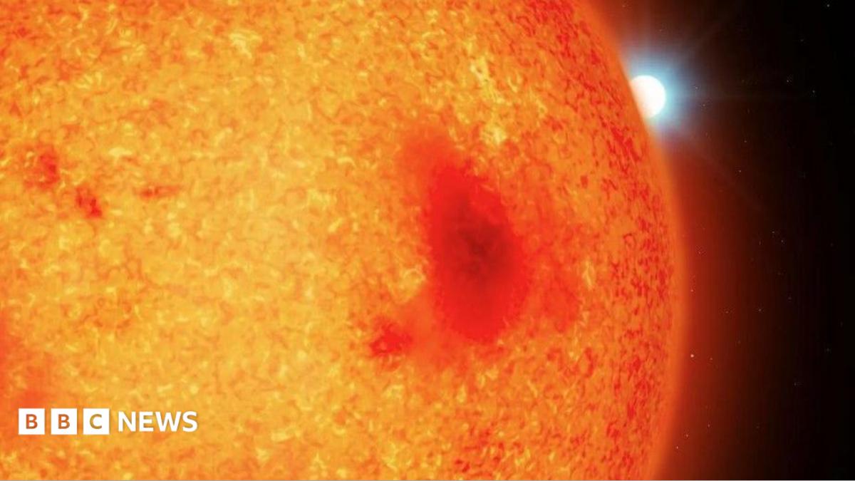 An illustration of what appears to be a large red fiery planet with a white star peeking out from behind it, in a black sky.