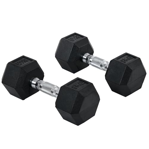 Homcom 2x8kg Rubber Hex Dumbbell Set Anti-Rolling Free Weights Dumbbells Pair With Knurled Grip for Home Gym Strength Training Exercise