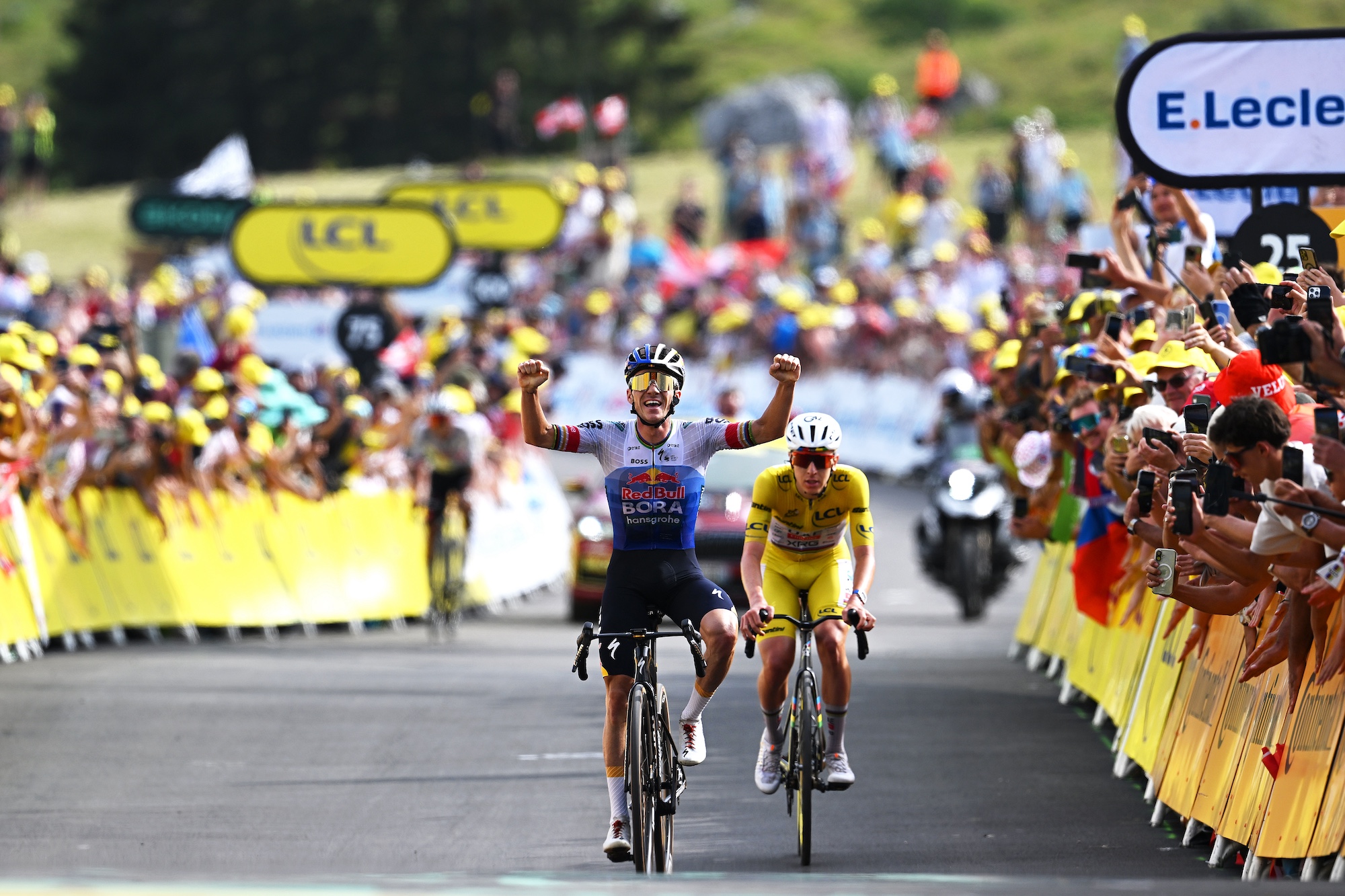 Remco Evenepoel (Red Bull-Bora-Hansgrohe) crossed the line ahead of Tadej Pogacar (UAE Team Emirates-XRG) on stage 16 of the Tour de France 2026 (Photo by Dario Belingheri/Getty Images)