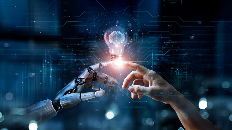 AI, Machine learning, Hands of robot and human touch on big data network, Brain data creative in light bulb, Science and artificial intelligence technology, innovation for futuristic.