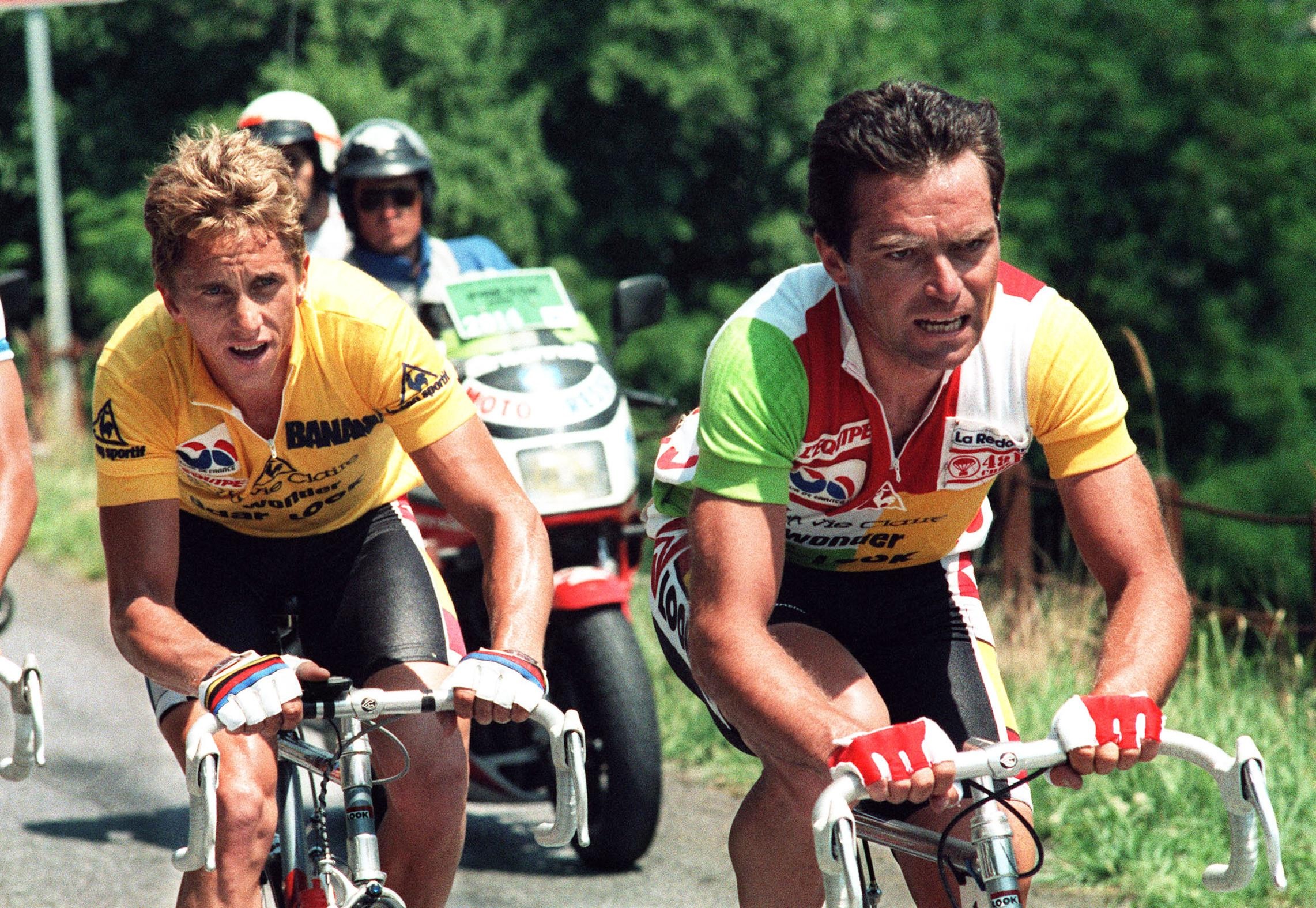 Greg Lemond and Bernard Hinault climbing Alpe d'Huez in 1986