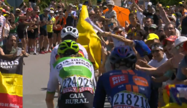 Banana fan runs in front of breakaway on stage two, 2026 Tour de France