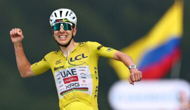 Tadej Pogacar winning the 14th stage of the 113th edition of the Tour de France wearing a MET helmet