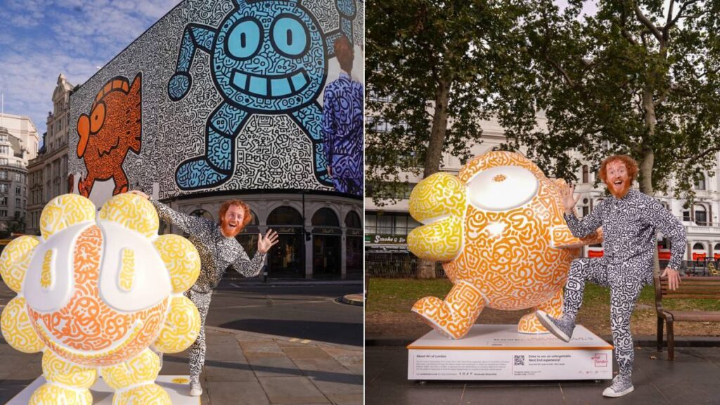 a split image of two big sculptures covered in doodles