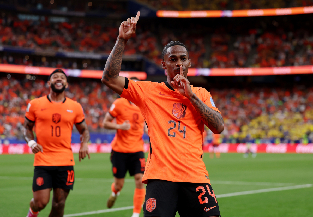 HOUSTON, TEXAS - JUNE 20: Crysencio Summerville #24 of the Netherlands celebrates scoring his team's fifth goal during the FIFA World Cup 2026 Group F match between Netherlands and Sweden at Houston Stadium on June 20, 2026 in Houston, Texas. (Photo by Lars Baron/Getty Images)