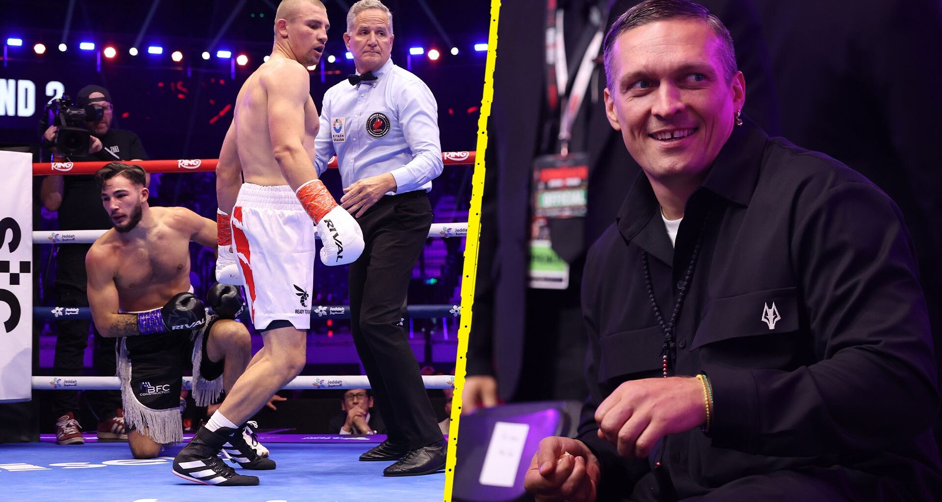Oleksandr Usyk watches on with delight as Olympic gold medallist blows away foe in two rounds