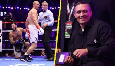 Oleksandr Usyk watches on with delight as Olympic gold medallist blows away foe in two rounds