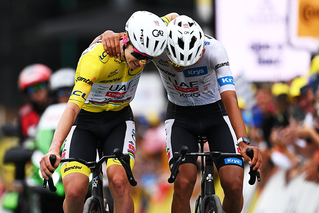 ALPE D&amp;apos;HUEZ, FRANCE - JULY 25: (L-R) The final overall winner, Tadej Pogacar of Slovenia and - Yellow Leader Jersey and Isaac Del Toro of Mexico - White best Young Rider Jersey and third place winner celebrate at the finish line during the 113th Tour de France 2026, Stage 20 a 170.9km stage from Le Bourg d&amp;apos;Oisans to Alpe d&amp;apos;Huez 1842m / #UCIWT / on July 25, 2026 in Alpe d&amp;apos;Huez, France. (Photo by Luc Claessen/Getty Images)