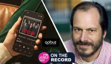 A split-screen image with Qobuz's managing director Dan Mackta and the Qobuz app on a smartphone, with TR's 'On the Record' franchise badge in the foreground