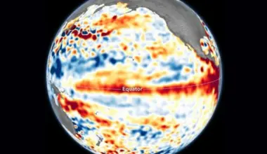 Water expands as it warms, causing the surface of the ocean to rise. Higher-than-usual sea surfaces in the tropical Pacific Ocean, shown here from June 1--10, 2023, are a signature of El Niño. Credit: NASA Earth Observatory image by Lauren Dauphin, using modified Copernicus Sentinel data (2023) processed by the European Space Agency and further processed by Josh Willis, Severin Fournier, and Kevin Marlis (NASA/JPL-Caltech).