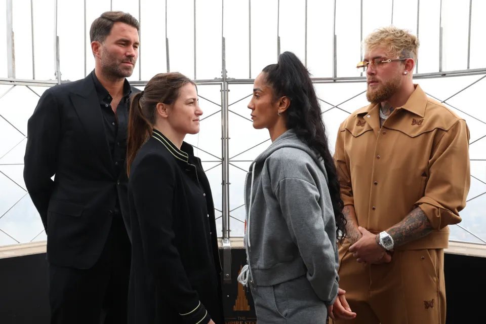 Jake Paul and Eddie Hearn behind Katie Taylor and Amanda Serrano