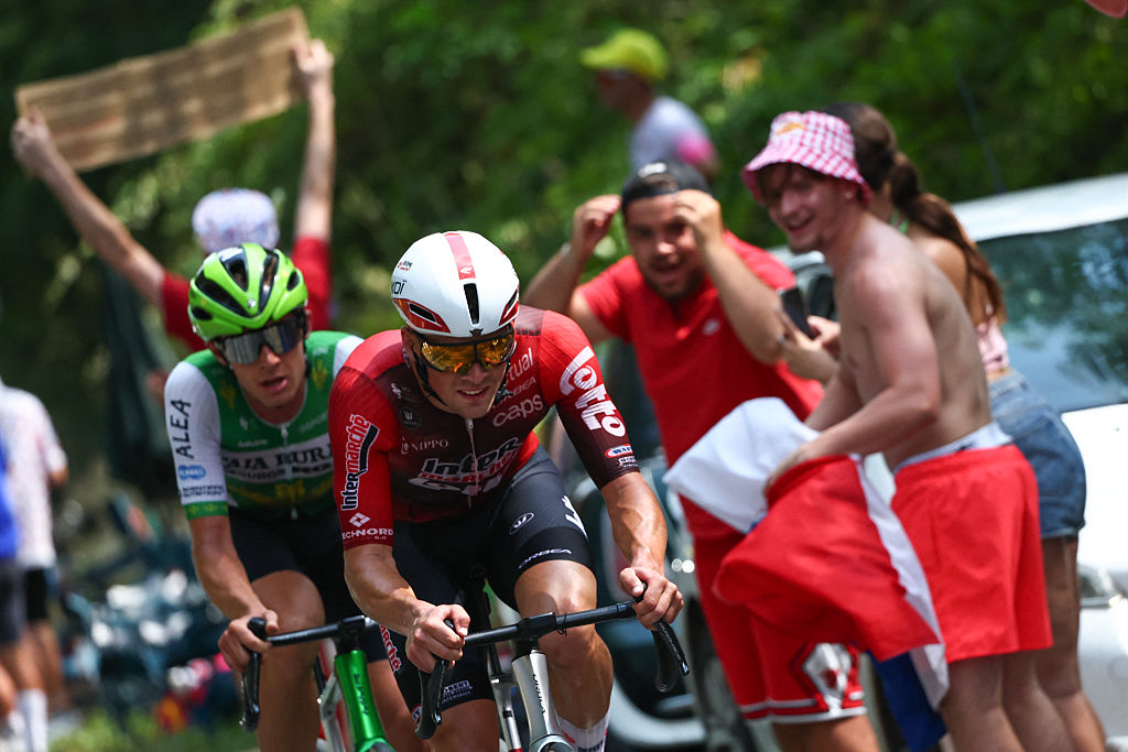 Lotto Intermarch&eacute; team's French rider Baptiste Veistroffer and Caja Rural - Seguros RGA team's Czech rider Jakub Otruba cycle in a breakaway during the 7th stage of the 113th edition of the Tour de France cycling race, 175,1 km between Hagetmau and Bordeaux in southwestern France, on July 10, 2026. (Photo by Anne-Christine POUJOULAT / AFP)