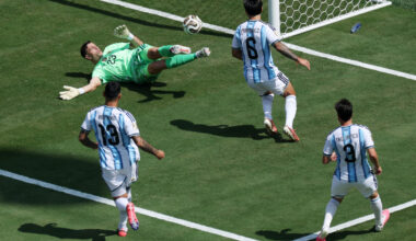 EAST RUTHERFORD, NEW JERSEY - JULY 19: Emiliano Martinez #23 of Argentina makes a save during the FIFA World Cup 2026 Final match between Spain and Argentina at New York New Jersey Stadium on July 19, 2026 in East Rutherford, New Jersey. (Photo by Kevin C. Cox/Getty Images)