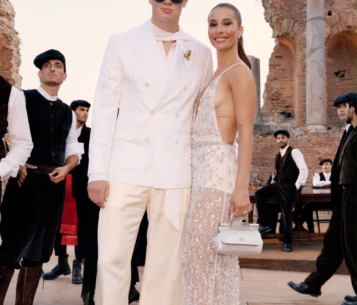 Erling Haaland and Isabel Haugseng Johansen at the Dolce & Gabbana Alta Sartoria show in Taormina, Italy.