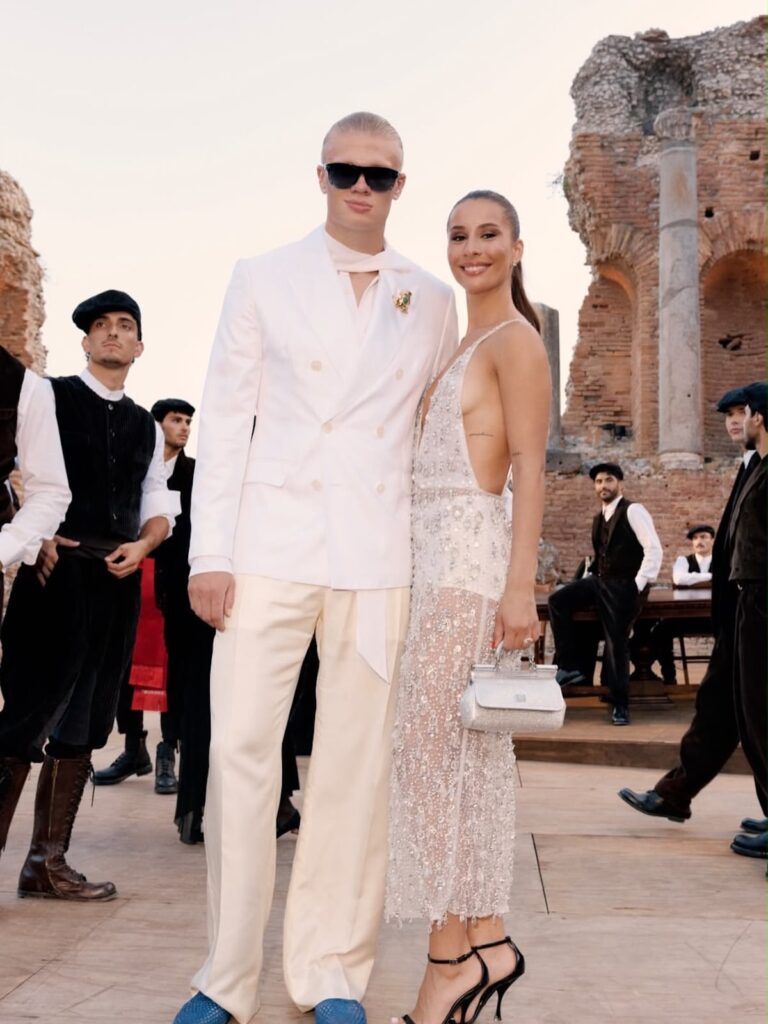 Erling Haaland and Isabel Haugseng Johansen at the Dolce & Gabbana Alta Sartoria show in Taormina, Italy.