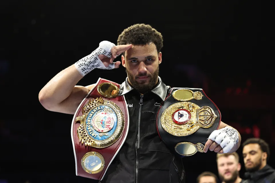 Moses Itauma with the belts after beating Jermaine Franklin