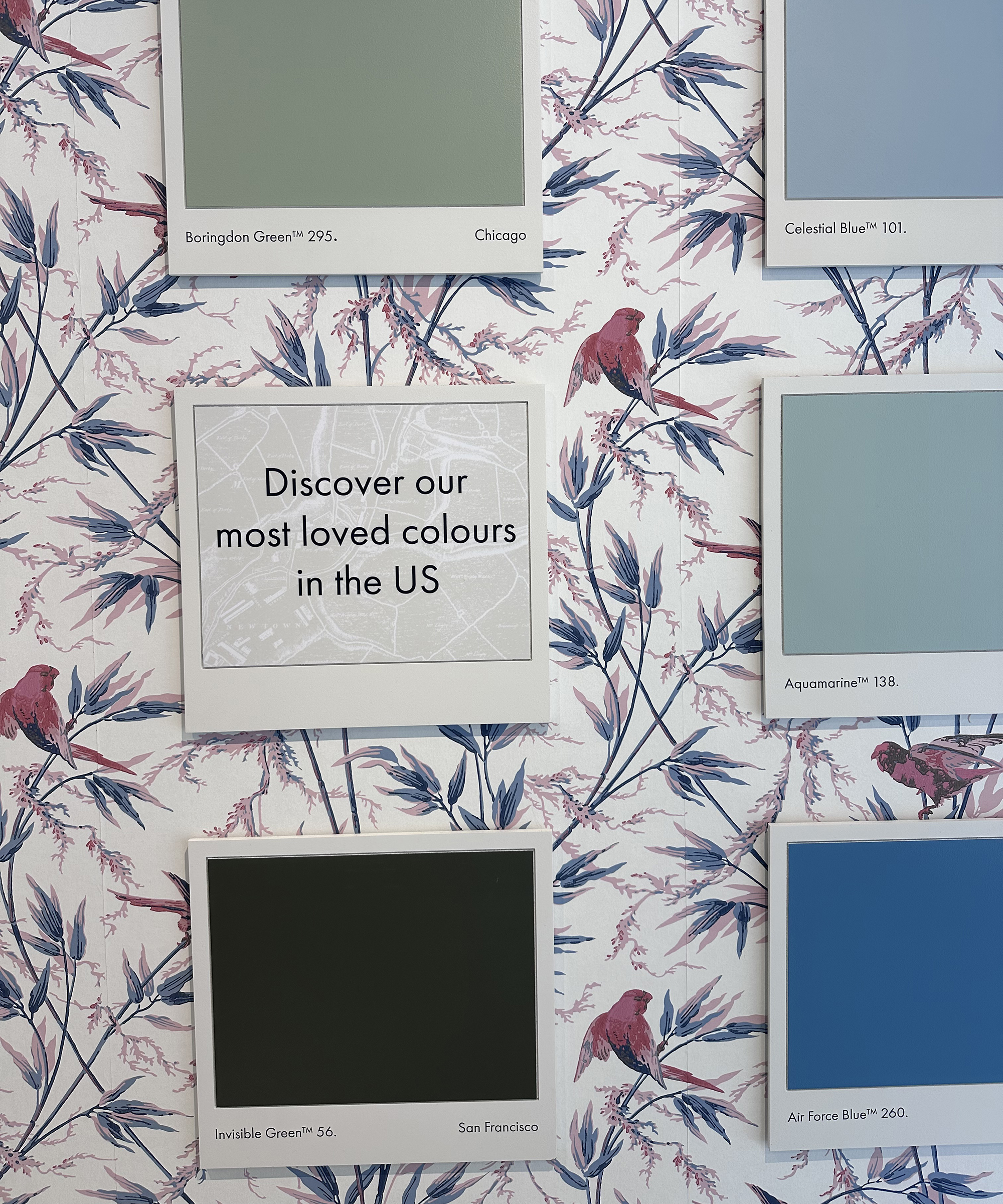 a wallpapered wall with squares of paint on it