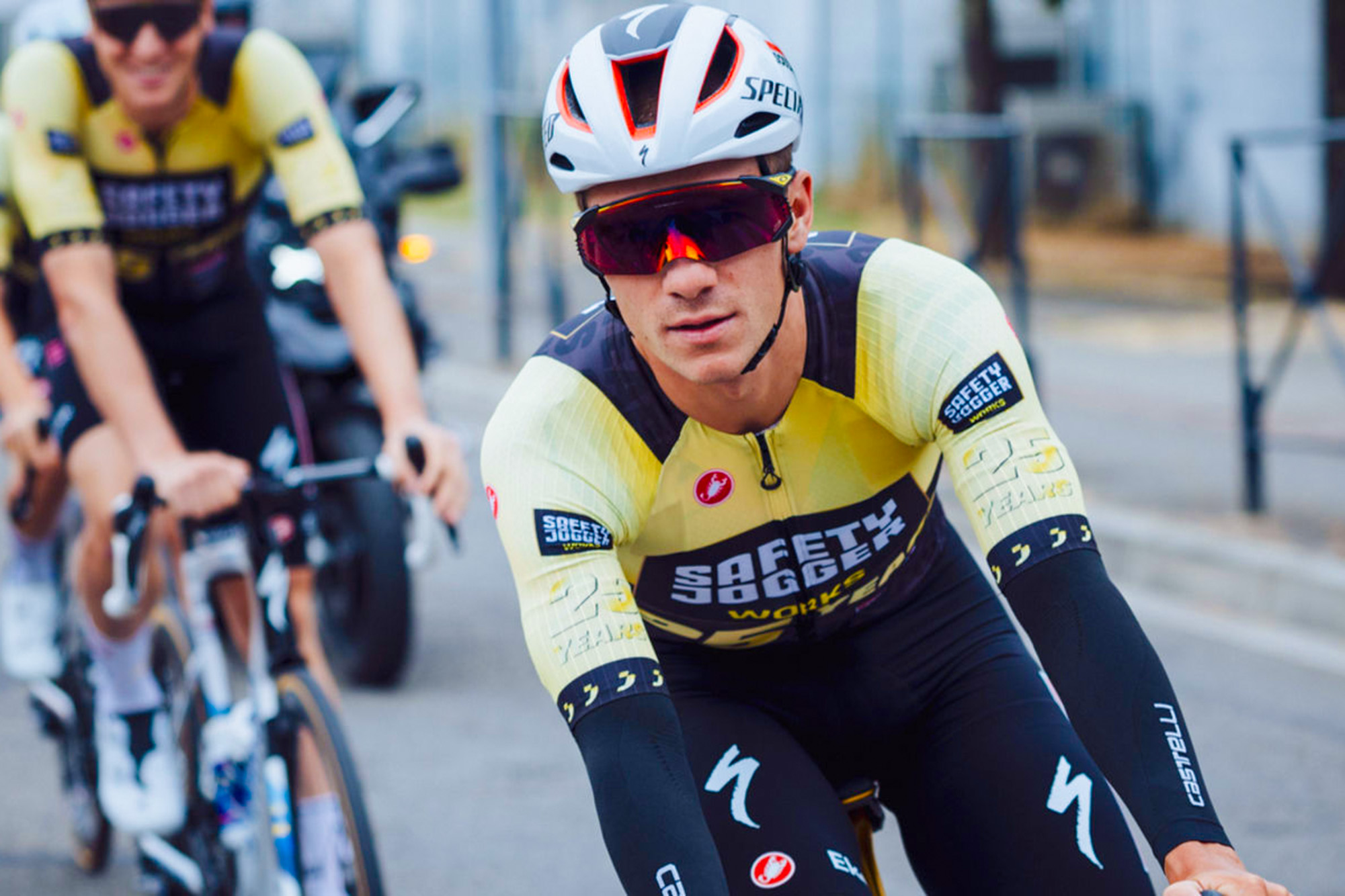 Remco Evenepoel wears a special Soudal-QuickStep Safety Jogger jersey during the first rest day of the 2025 Tour de France