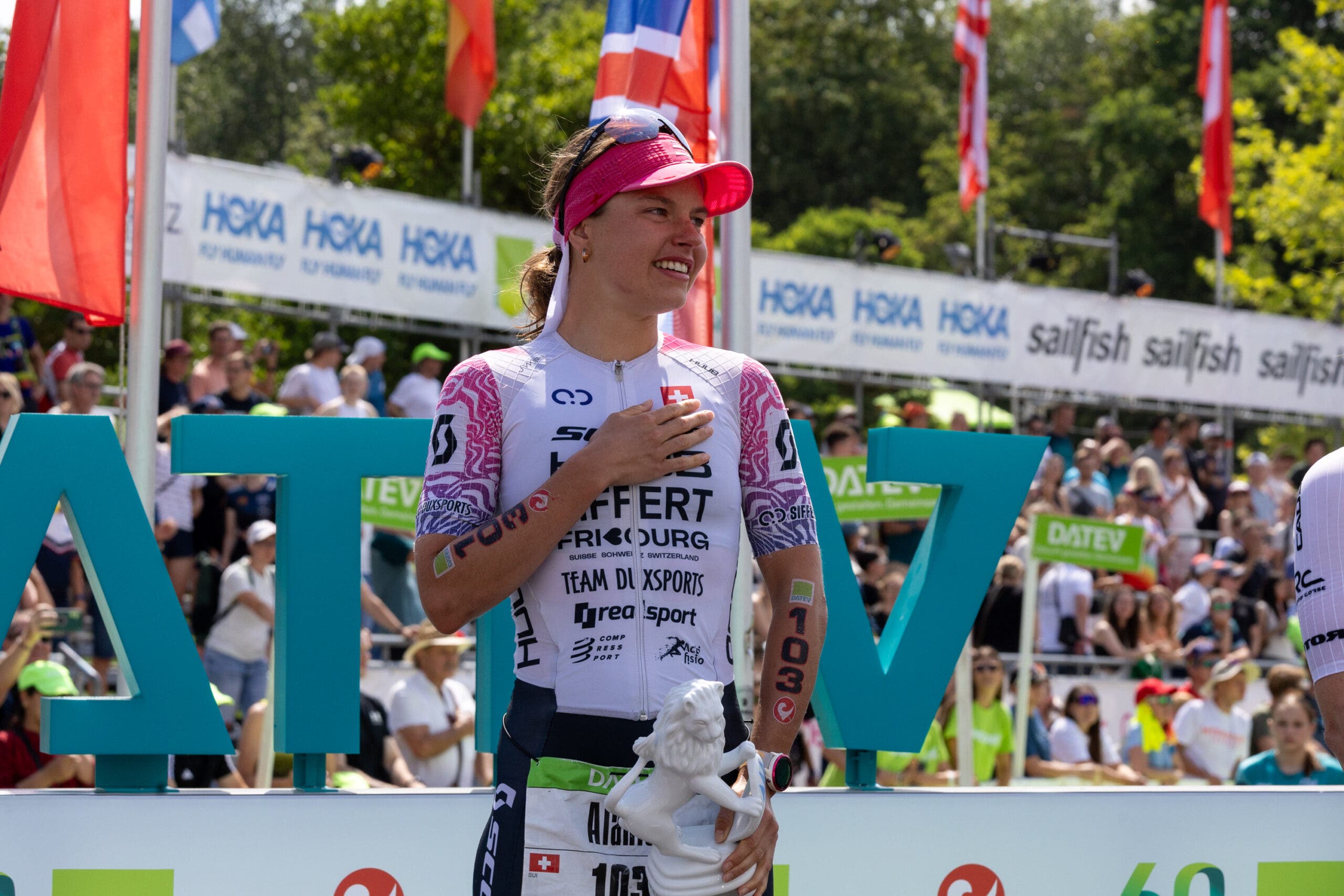 Alanis Siffert celebrates her win at Challenge Roth 2026.