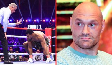 Tyson Fury reacts to Anthony Joshua getting knocked down twice by Kristian Prenga