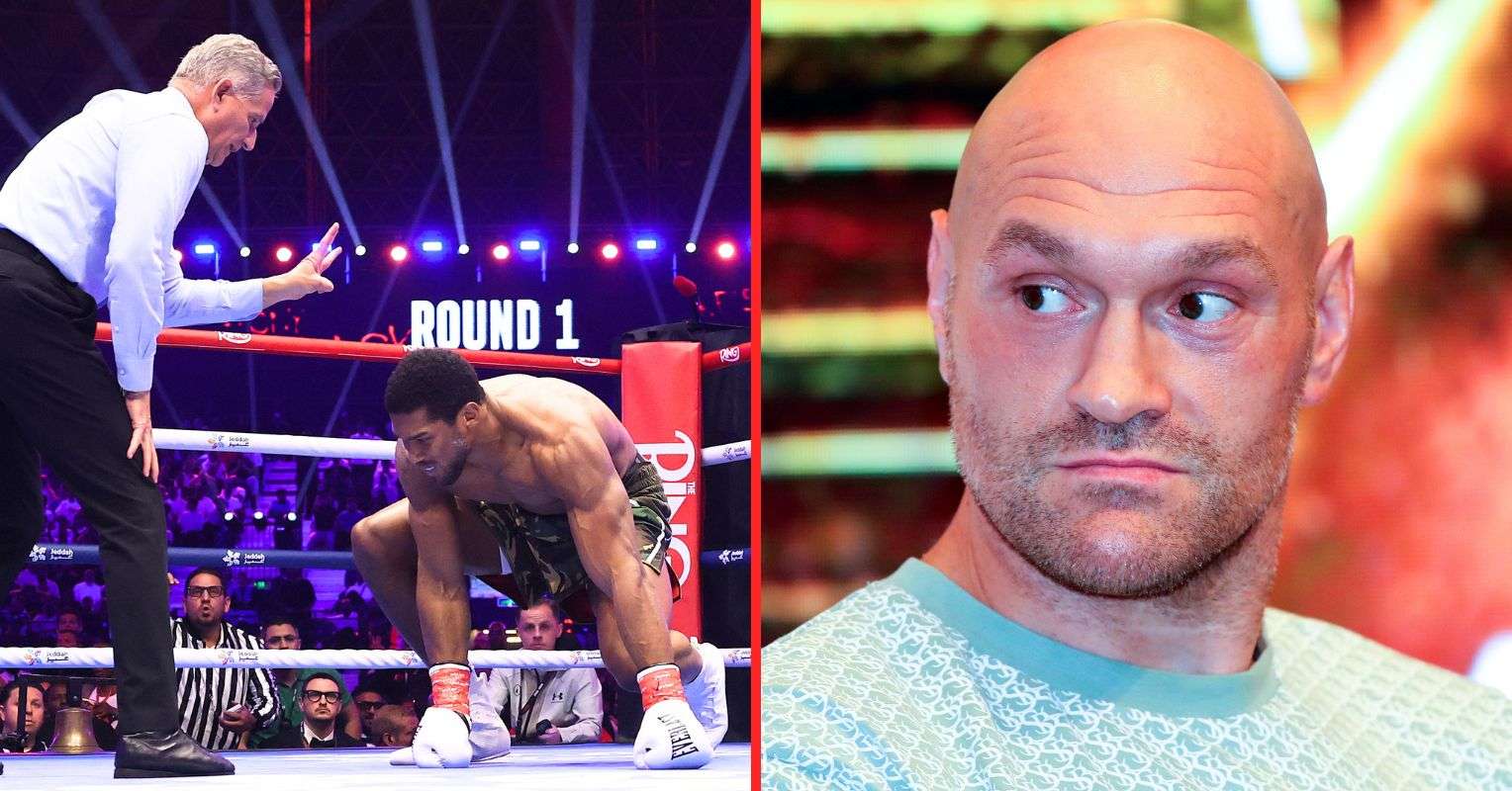 Tyson Fury reacts to Anthony Joshua getting knocked down twice by Kristian Prenga