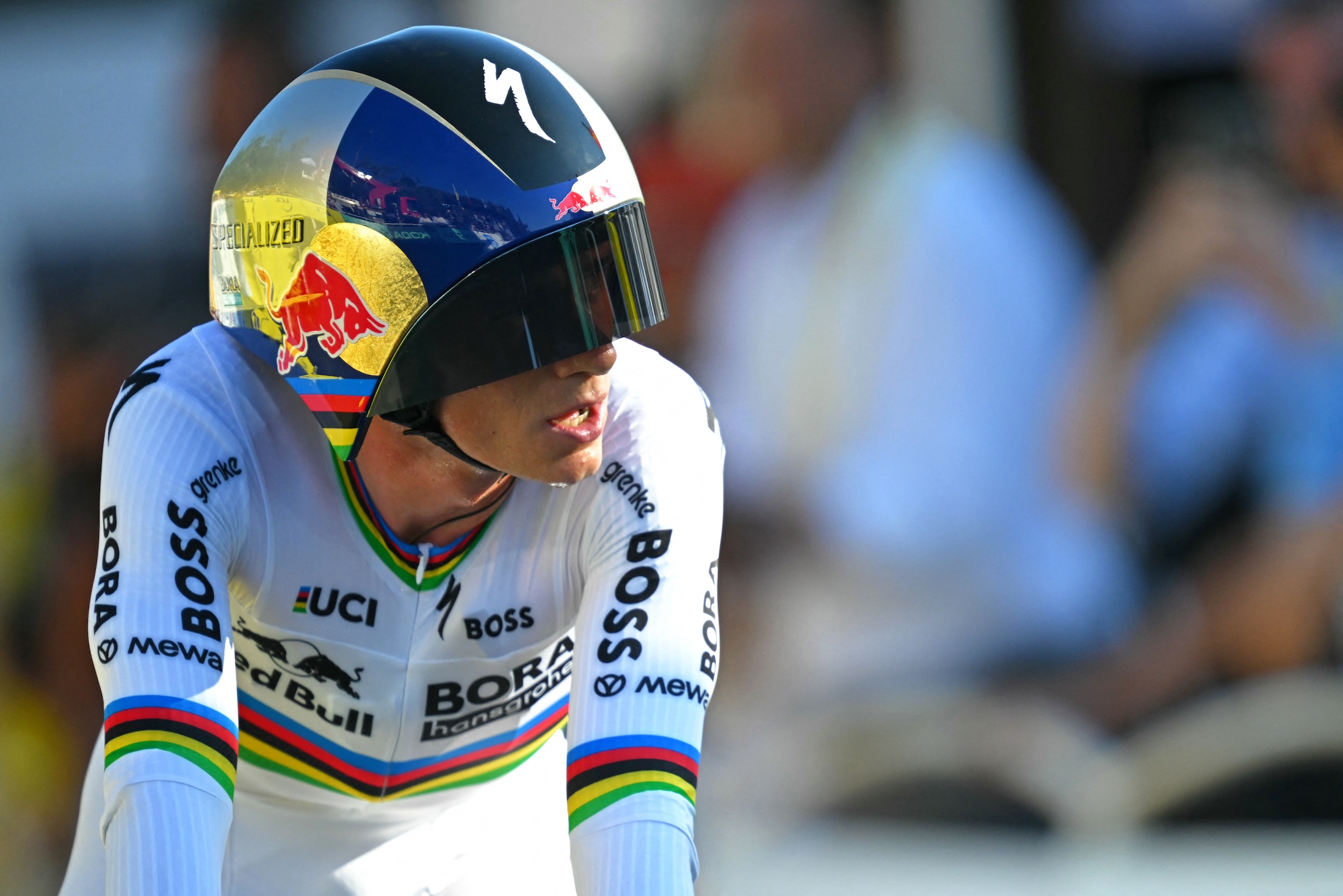 Remco Evenepoel finishes stage 1 of the 2026 Tour de France in Barcelona