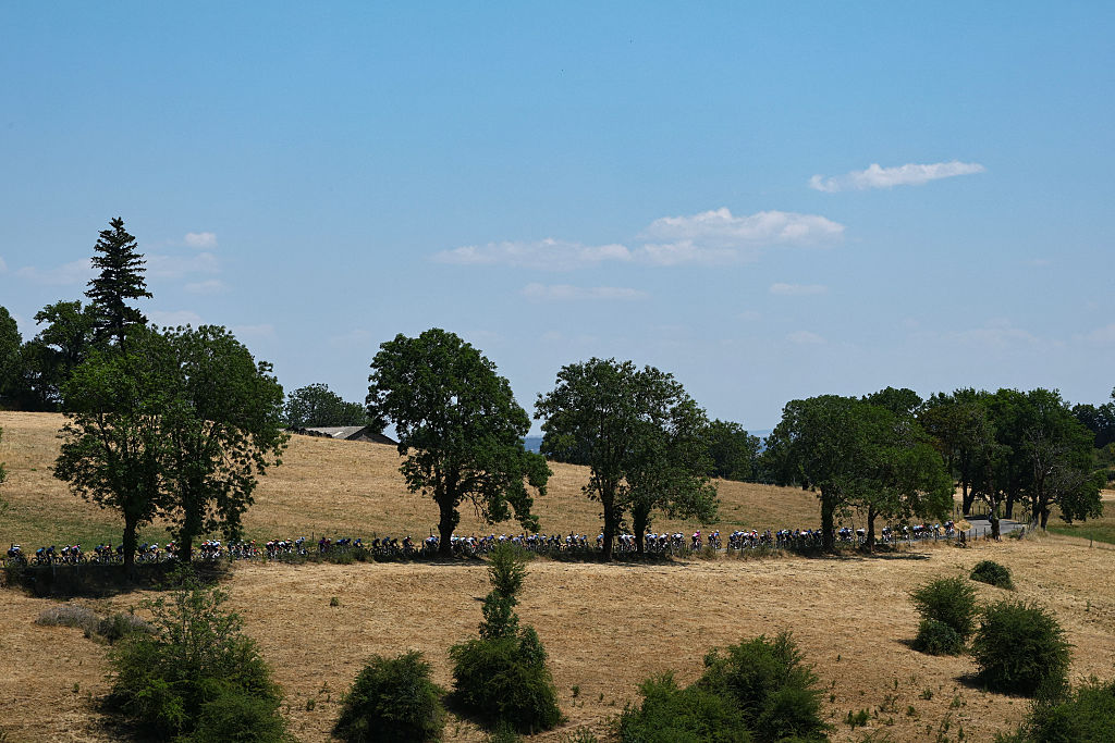 The pack of riders (peloton) cycles during the 10th stage of the 113th edition of the Tour de France cycling race, 166,6 km between Aurillac and Le Lioran in the Massif Central, on July 14, 2026. (Photo by Anne-Christine POUJOULAT / AFP)