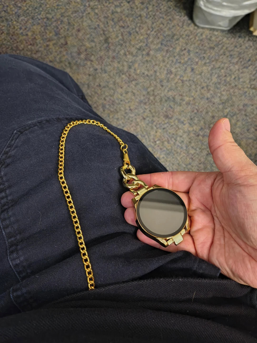 Galaxy Watch Pocketwatch Reddit An image of a Galaxy Watch connected to a pocket watch chain.