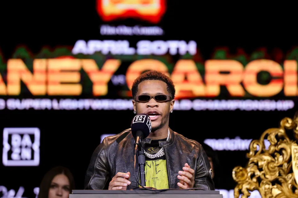 NEW YORK, NEW YORK - FEBRUARY 27: Devin Haney speaks on stage during the Ryan Garcia v Devin Haney New York press tour at Palladium Times Square on February 27, 2024 in New York City. (Photo by Cris Esqueda/Golden Boy/Getty Images)
