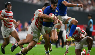 Tommaso Menoncello of Italy is tackled by Shuhei Takeuchi of Japan during the July 2024 international