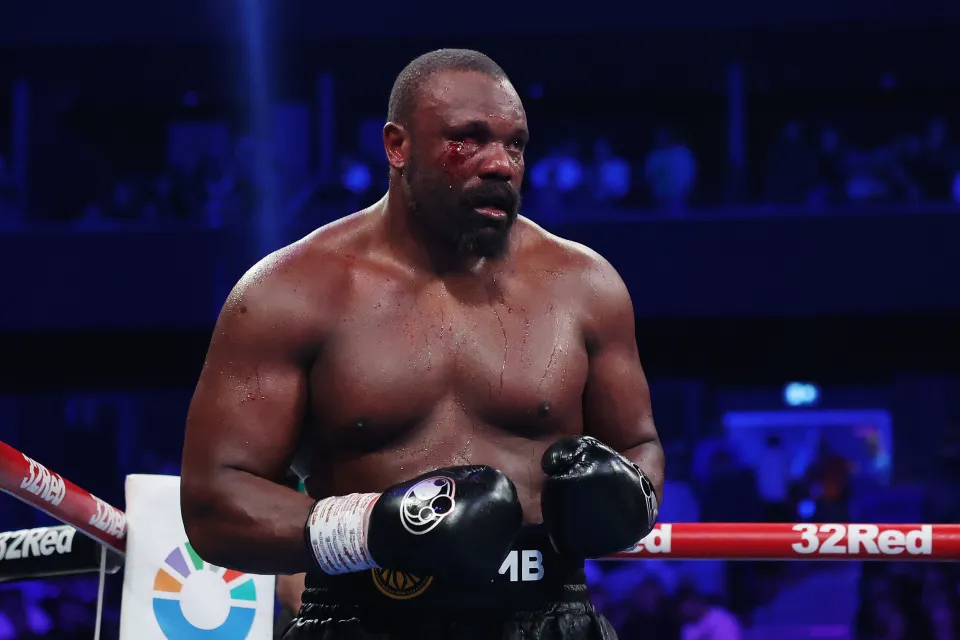 MANCHESTER, ENGLAND - FEBRUARY 08: Derek Chisora, with a cut and blood on his face, looks on during the Heavyweight fight between Derek Chisora and Otto Wallin as part of Derek Chisora v Otto Wallin, The Last Dance card at Co-op Live on February 08, 2025 in Manchester, England. (Photo by Alex Livesey/Getty Images)