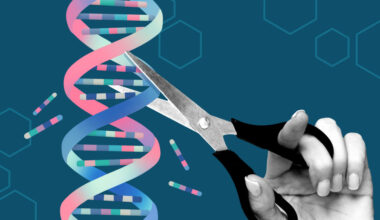 a graphical cartoon of a pair of scissors snipping parts out of a stylized DNA molecule.