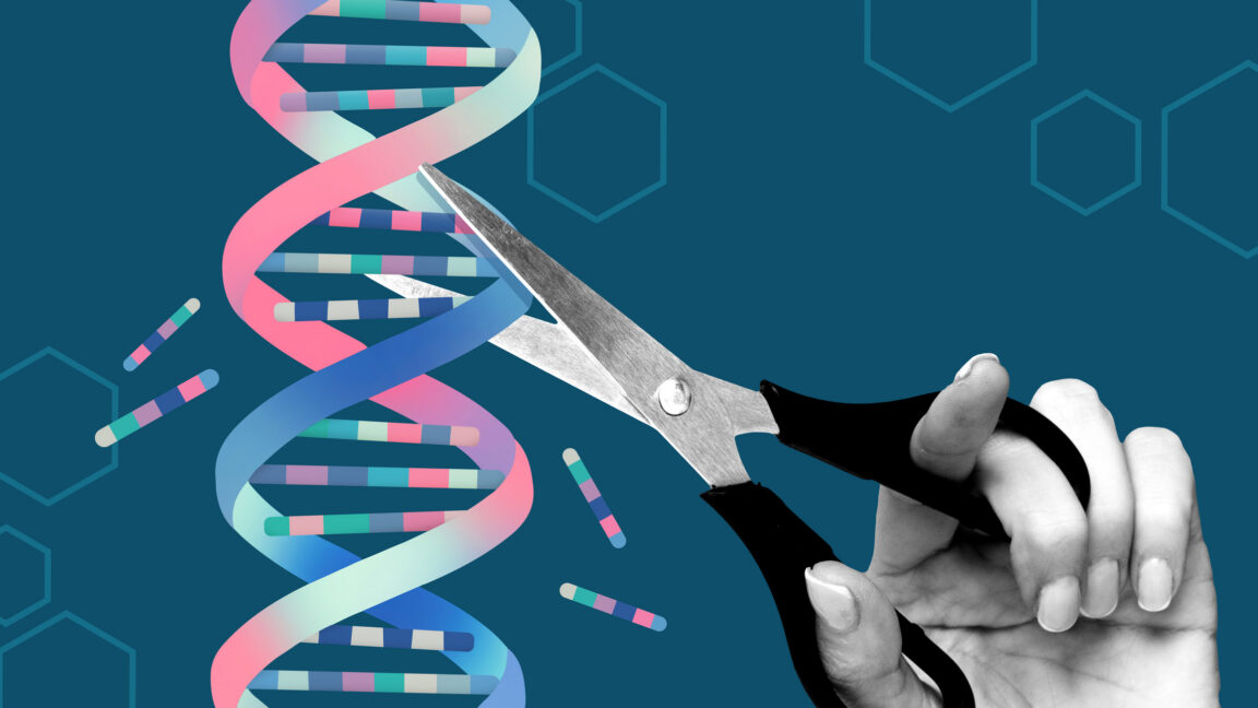 a graphical cartoon of a pair of scissors snipping parts out of a stylized DNA molecule.