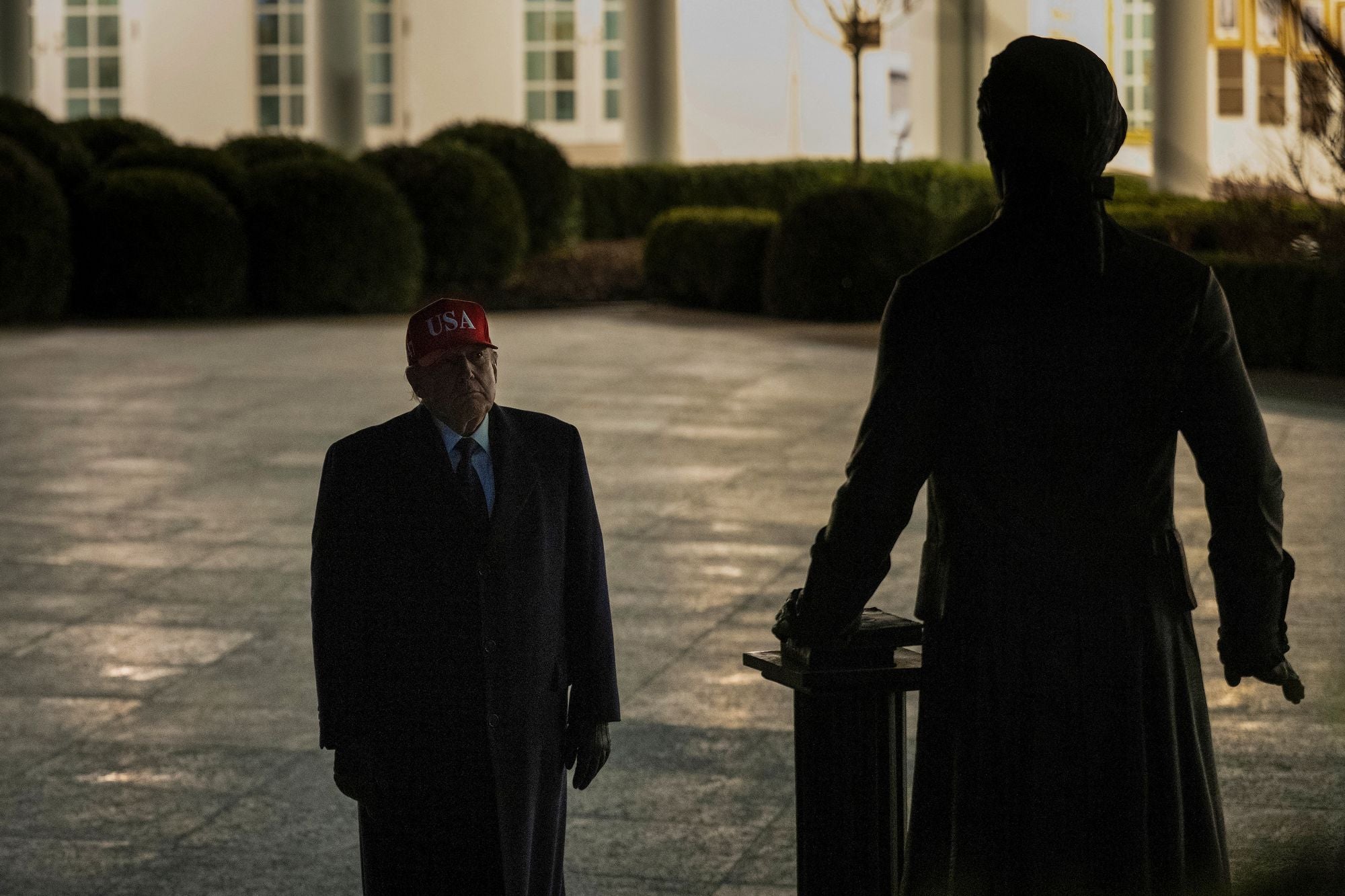 Earlier this year, another statue of Jefferson was seen in the Rose Garden, which Trump was pictured standing in front of on March 1