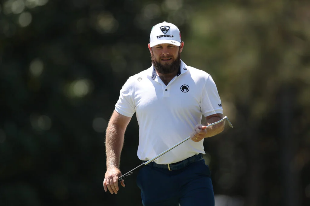 Tyrrell Hatton looks on from the 14th green during the second round of the 2026 Masters Tournament at Augusta National Golf Club