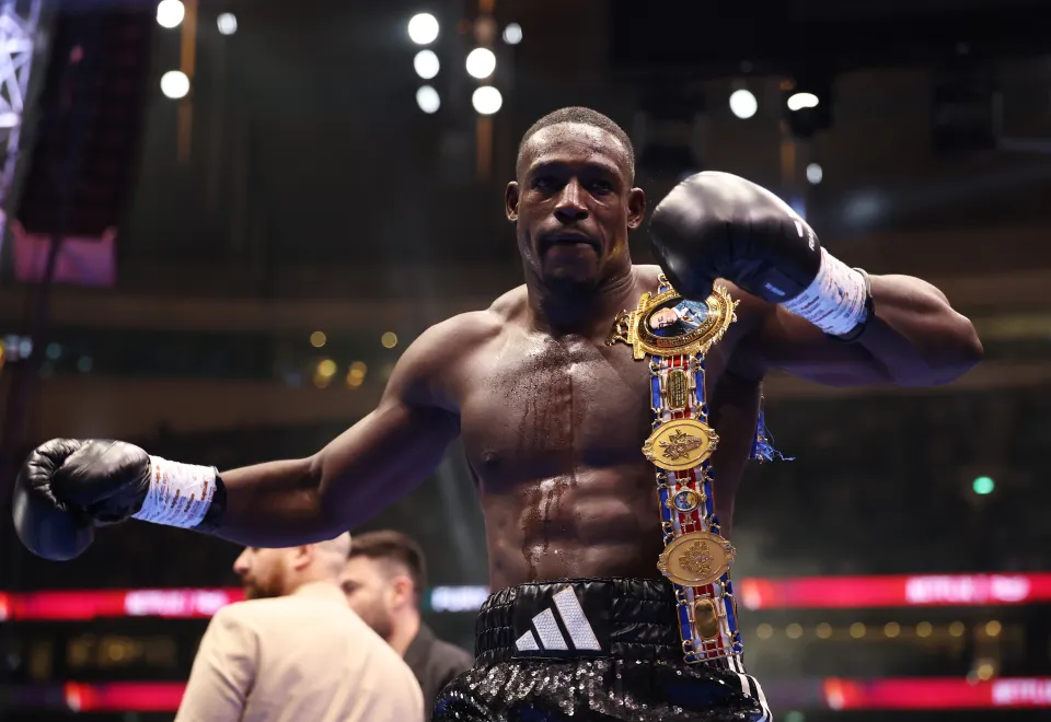 LONDON, ENGLAND - APRIL 11: Richard Riakporhe poses for a photo with his belt following victory in the British Heavyweight Title fight between Jeamie Tshikeva and Richard Riakporhe at Tottenham Hotspur Stadium on April 11, 2026 in London, England. (Photo by Richard Pelham/Getty Images for Netflix)