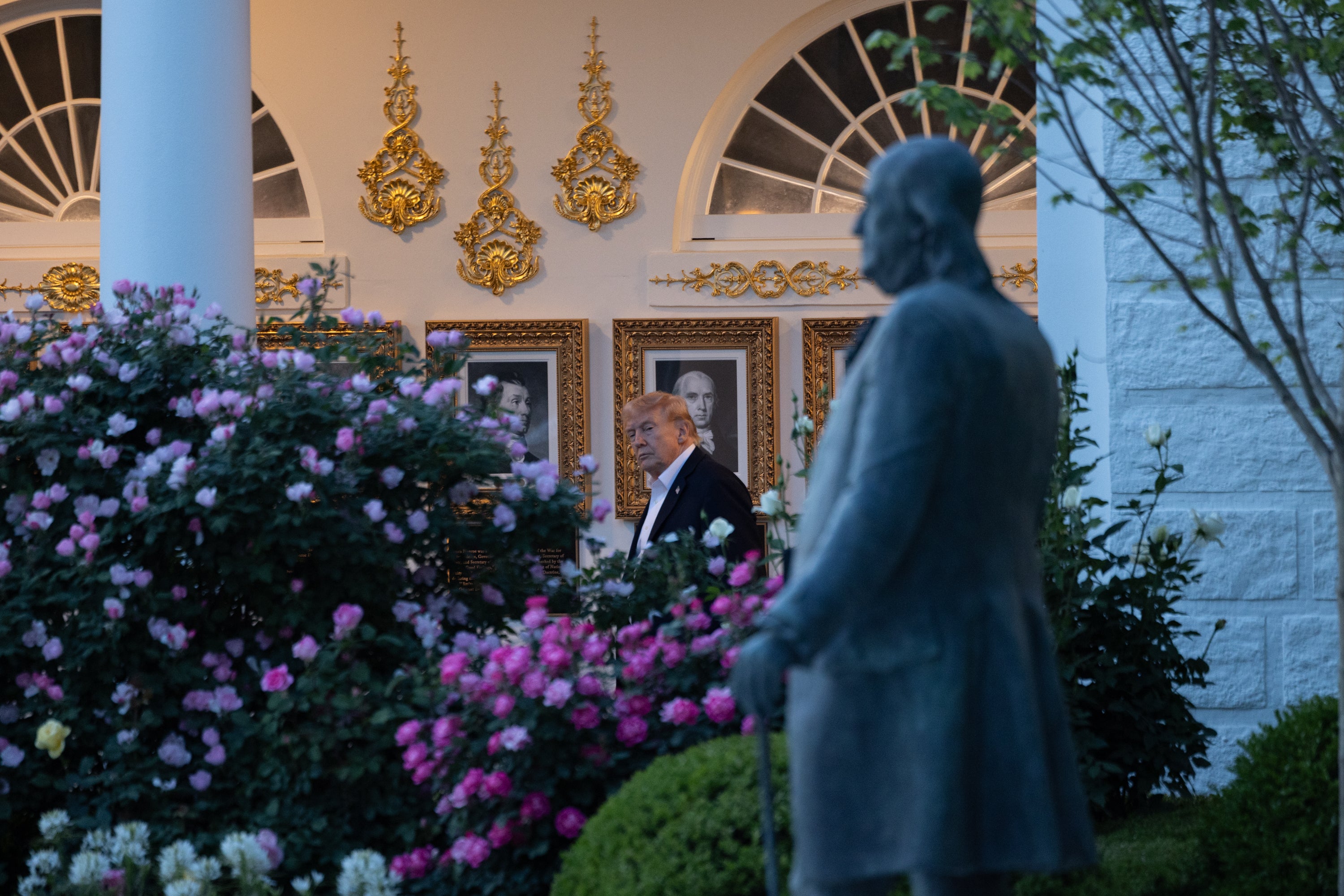 The Jefferson statue marks the fifth installation in the Rose Garden, which Trump paved over last summer. The other sculptures depict George Washington, Benjamin Franklin, Alexander Hamilton and a contingent of Revolutionary War soldiers