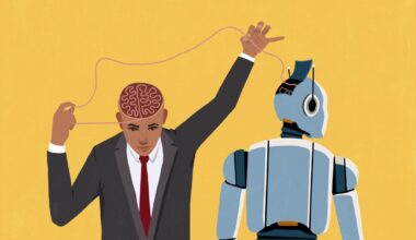 Businessman pulling at thread connecting his brain and open head of AI robot on yellow background