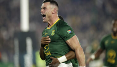 South Africa's centre Jesse Kriel celebrates with teammates after scoring a try during the rugby Nations Championship match between South Africa and Scotland at Loftus Versfeld Stadium in Pretoria on July 11, 2026