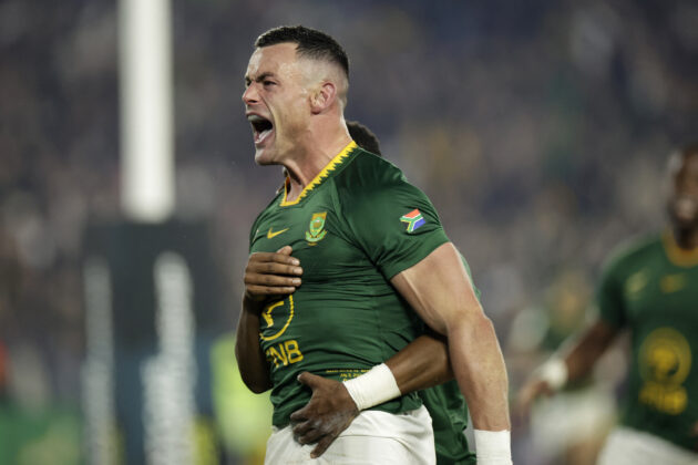 South Africa's centre Jesse Kriel celebrates with teammates after scoring a try during the rugby Nations Championship match between South Africa and Scotland at Loftus Versfeld Stadium in Pretoria on July 11, 2026