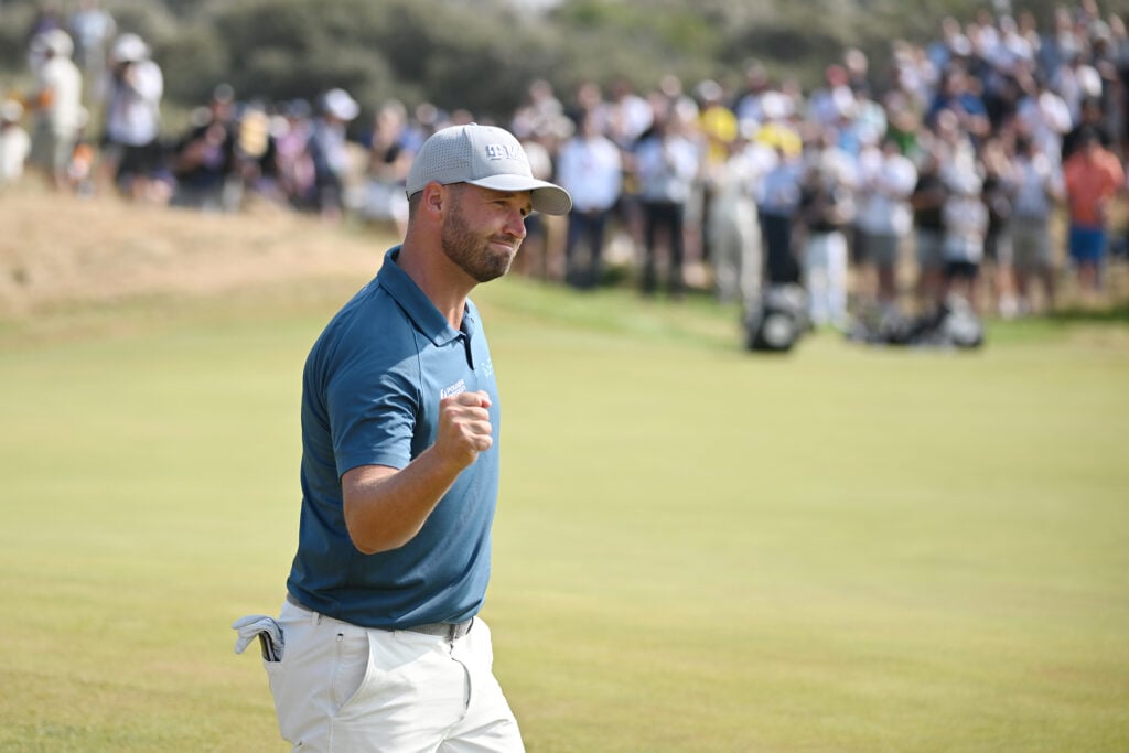 Wyndham Clark celebrates a birdie during the second round of The Open Championship