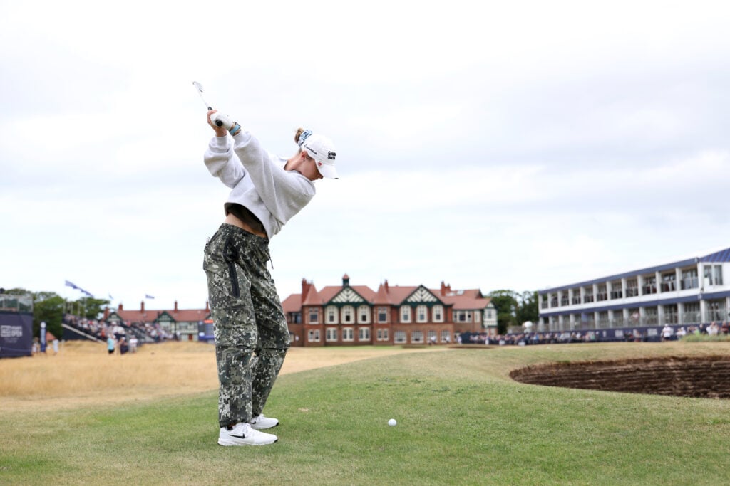 Nelly Korda hits her approach into 18 during a practice round ahead of the Women's Open