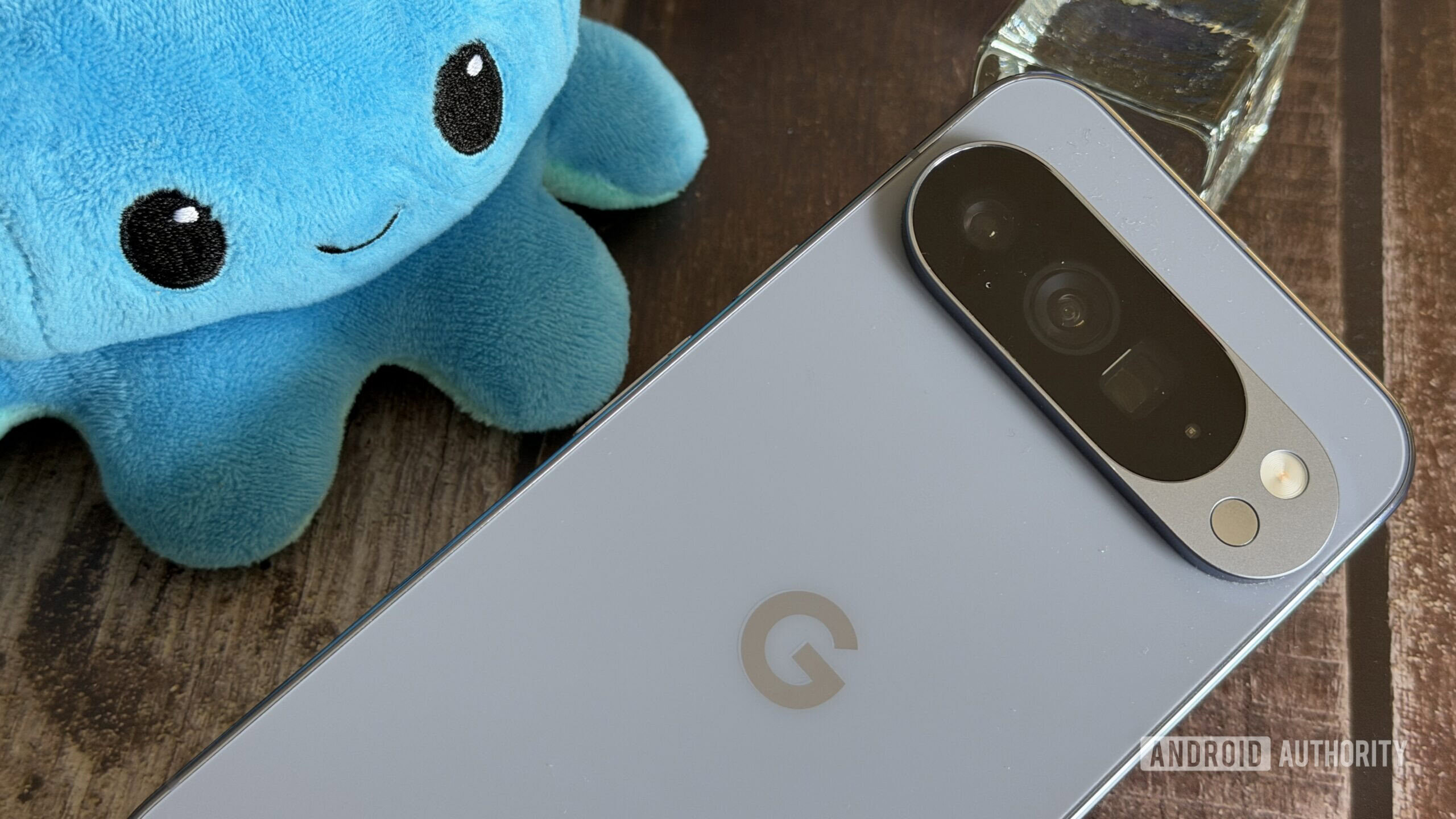 Google Pixel 10 Pro XL with plushie on desk