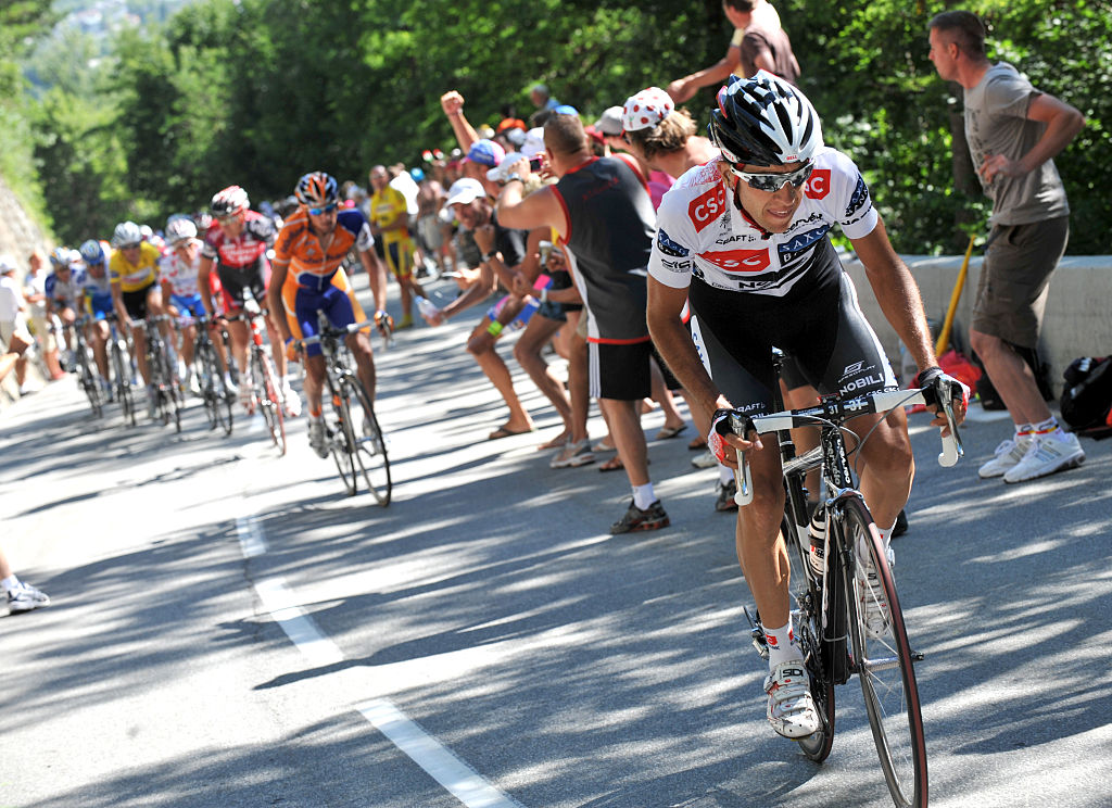 Carlos Sastre on his way to winning stage 17 of the 2008 Tour de France from Embrun to Alpe d'Huez. (Photo by Graham Watson/Getty Images)